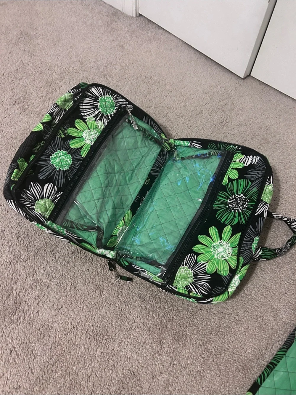 Handmade Floral Green Quilted Travel Makeup and Toiletries Bag